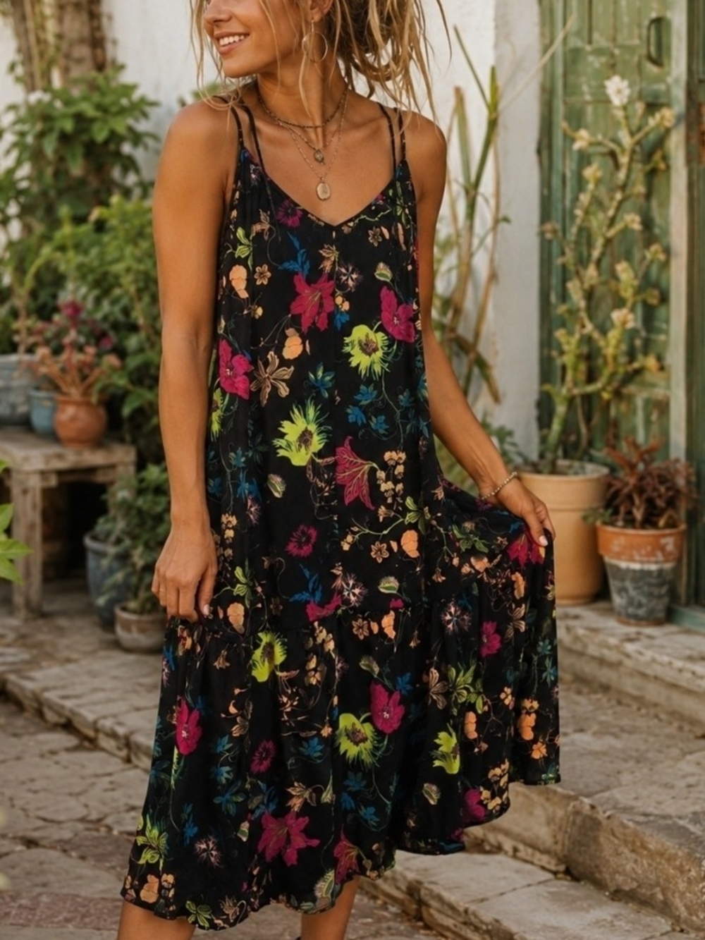 4/$15 Market Tropical Boho Floral Black Spaghetti-Strap Midi Dress Sz 8 Women's